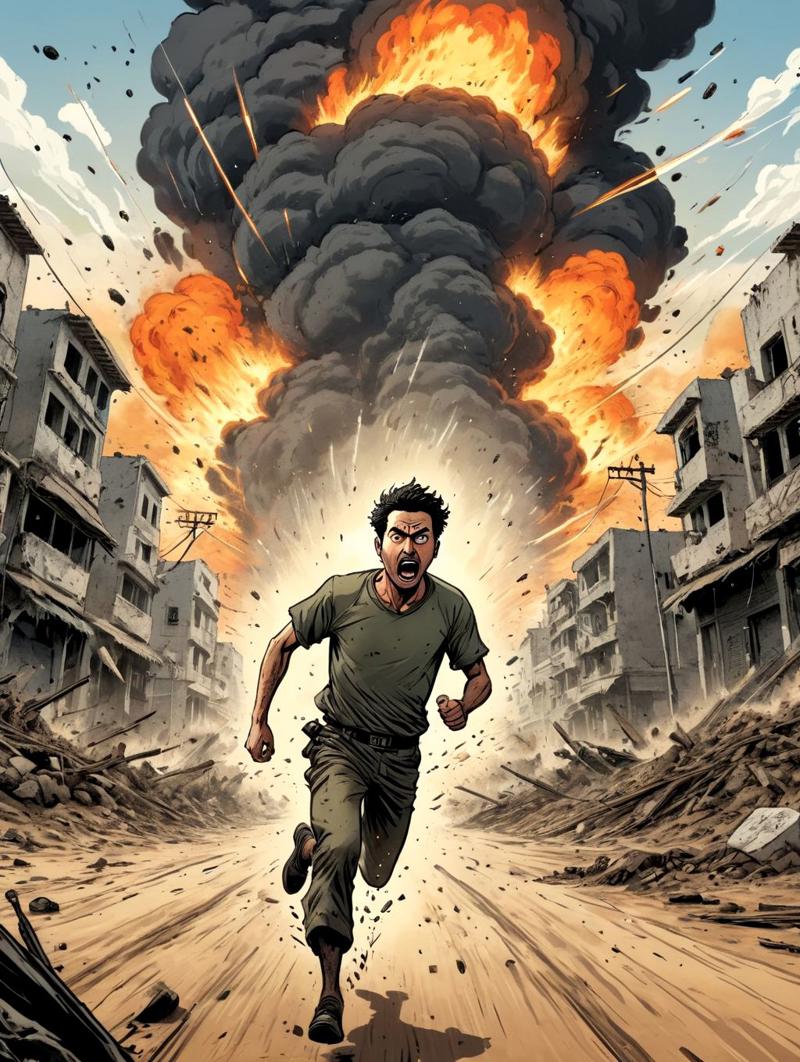 15608-2857154807-gritty, muddy, graphic novels illustration, a man running for his life, war action in Gaza, move trails, intricate, motion trail.jpg